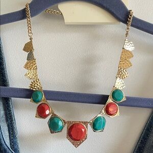 Gold, with Turquoise and Red stone Statement Necklace